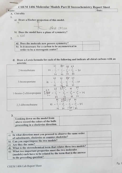 Solved CHEM 1406 Molecular Models Part II Stereochemistry