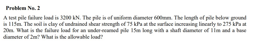 Solved A test pile failure load is 3200kN. The pile is of | Chegg.com