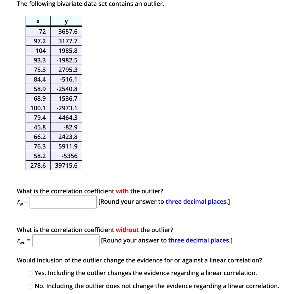 The following bivariate data set contains an outlier.
What is the correlation coefficient with the outlier?
\[
r_{w}=
\]
[Rou