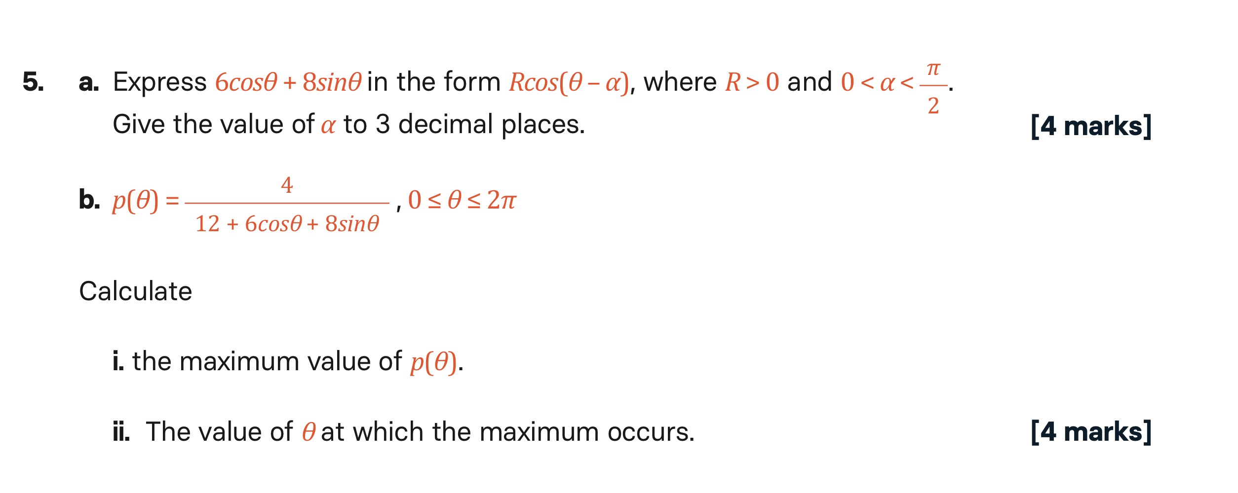 Solved a. Express 6cosθ+8sinθ in the form Rcos(θ−α), where | Chegg.com