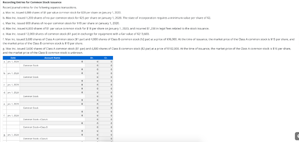 Solved Recording Entries for Common Stock Issuance Record