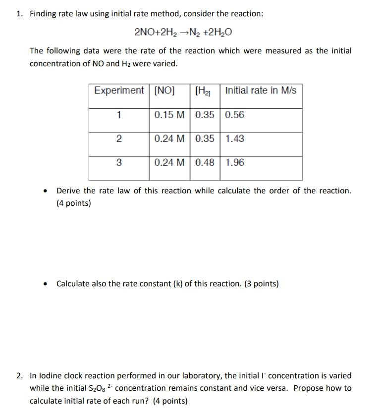 Solved 1. Finding Rate Law Using Initial Rate Method, 