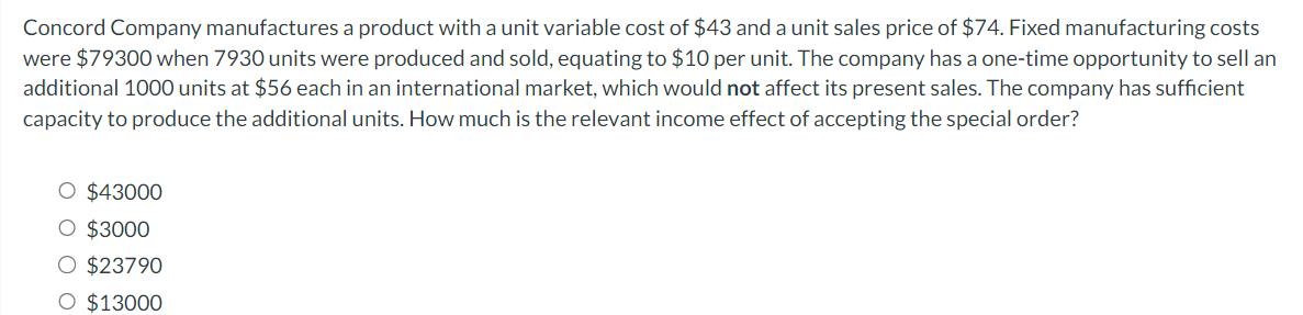 Solved Concord Company Manufactures A Product With A Unit 