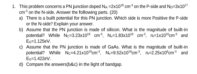 Solved 1. This problem concerns a PN junction doped NA | Chegg.com