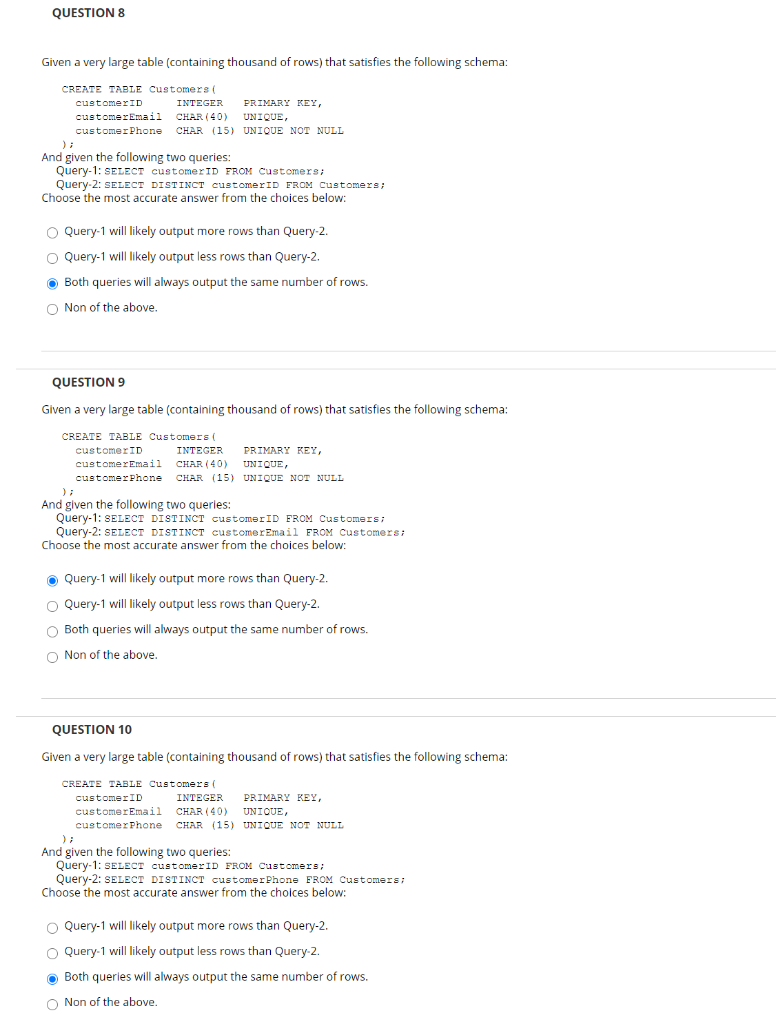 Solved QUESTION 8 Given a very large table (containing | Chegg.com