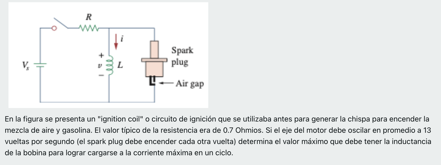 R Spark plug V. راول L Air gap En la figura se presenta un ignition coil o circuito de ignición que se utilizaba antes para