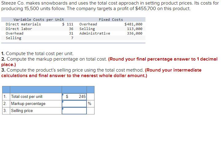 Solved Steeze Co. makes snowboards and uses the total cost