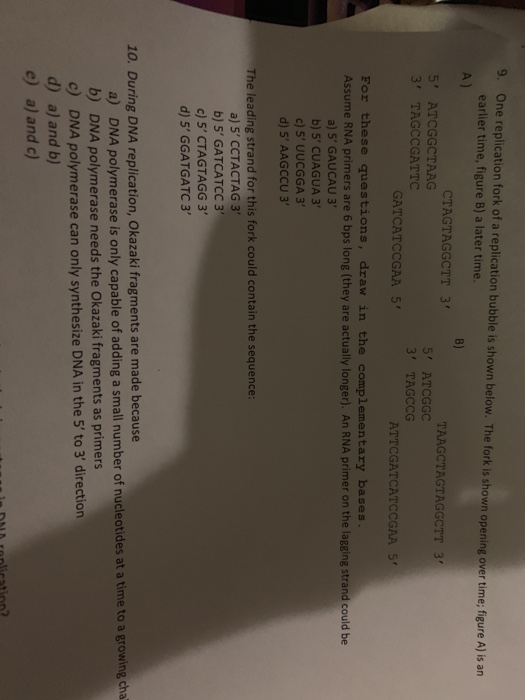 Solved 9. One replication fork of a replication bubble is | Chegg.com