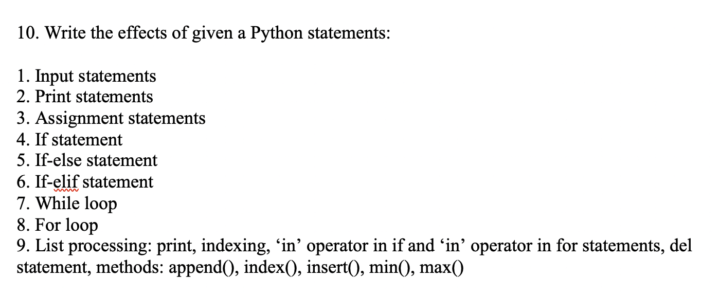 Solved 10. Write the effects of given a Python statements: | Chegg.com