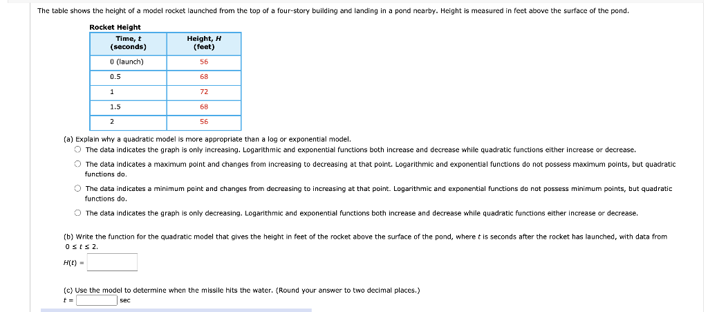 Solved The table shows the height of a model rocket launched | Chegg.com