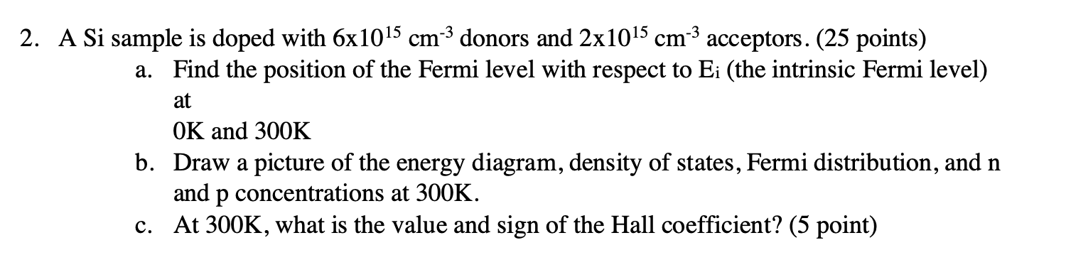 Solved 2. A Si sample is doped with 6×1015 cm−3 donors and | Chegg.com
