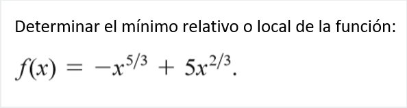 Determinar el mínimo relativo o local de la función: \[ f(x)=-x^{5 / 3}+5 x^{2 / 3} \]