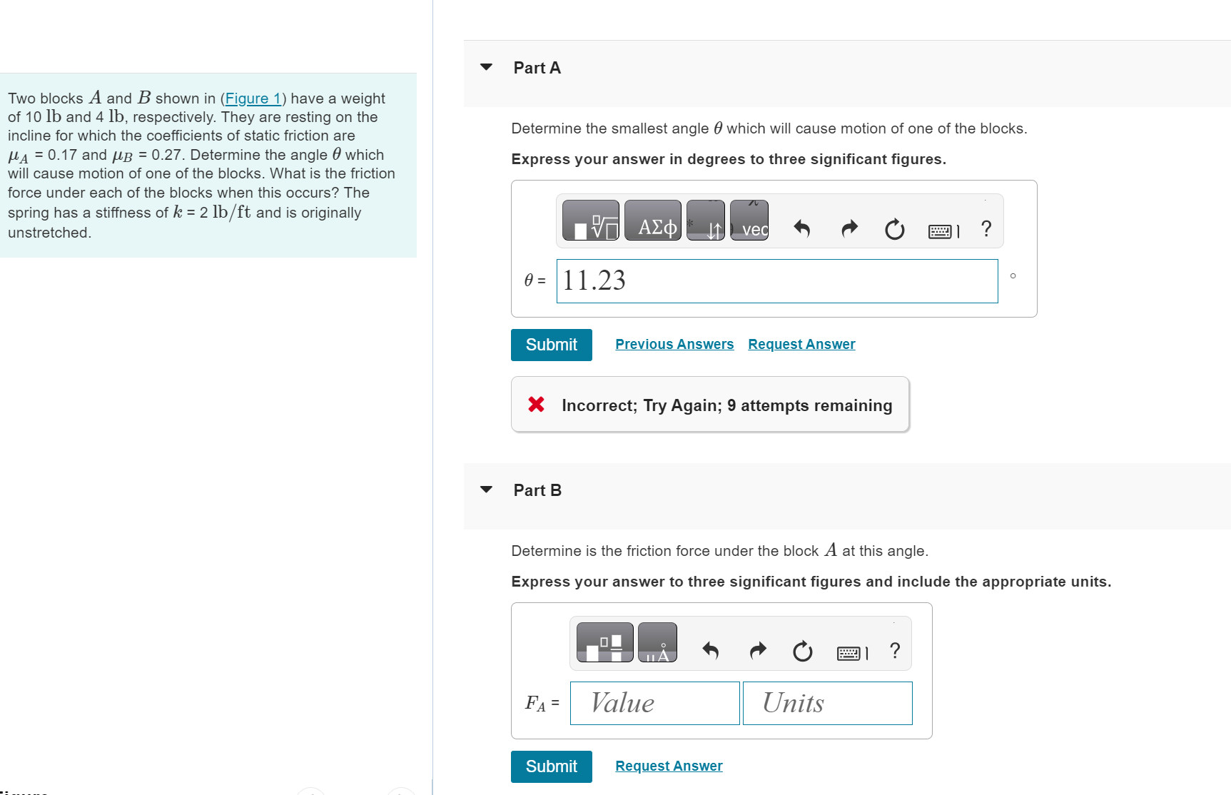 Solved Two blocks A and B shown in have a weight of 10lb and | Chegg.com