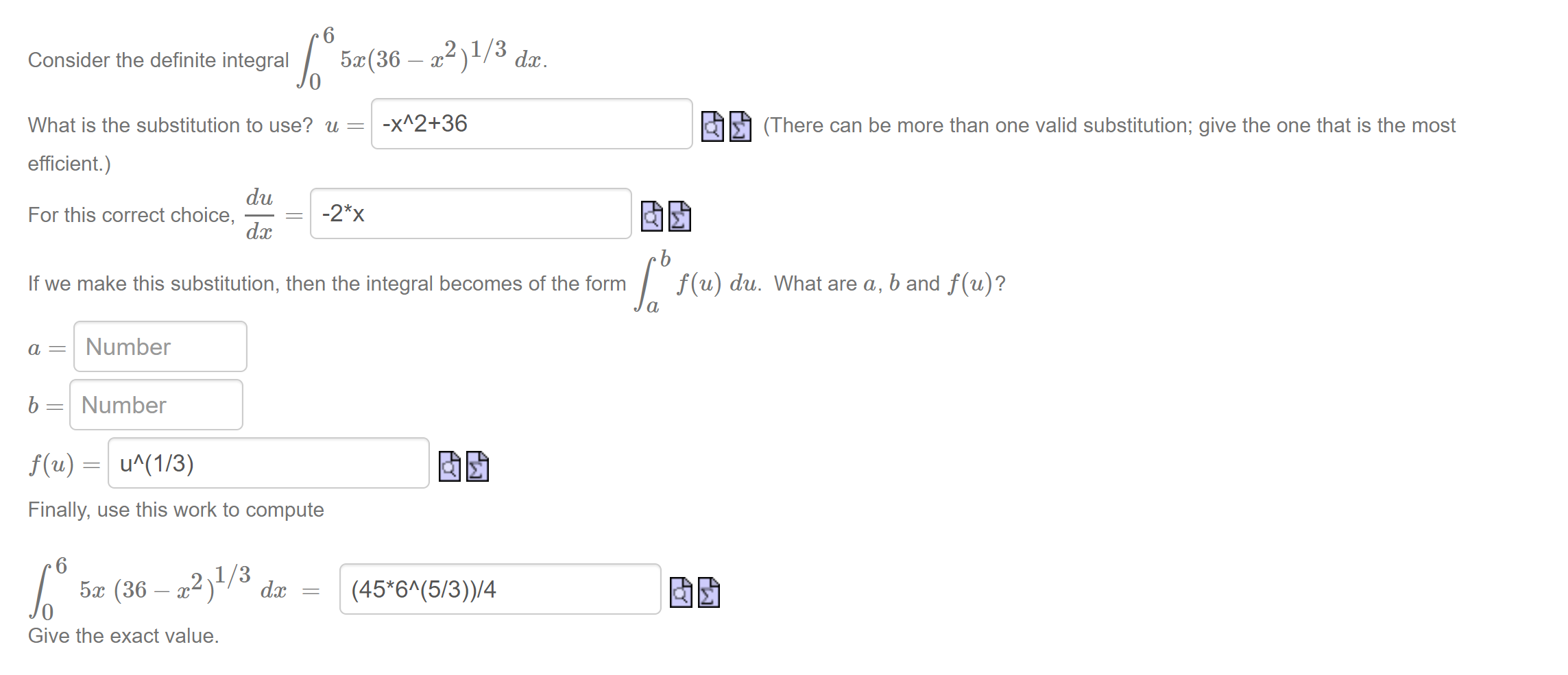 Solved Consider the definite integral ∫065x(36−x2)1/3dx What | Chegg.com