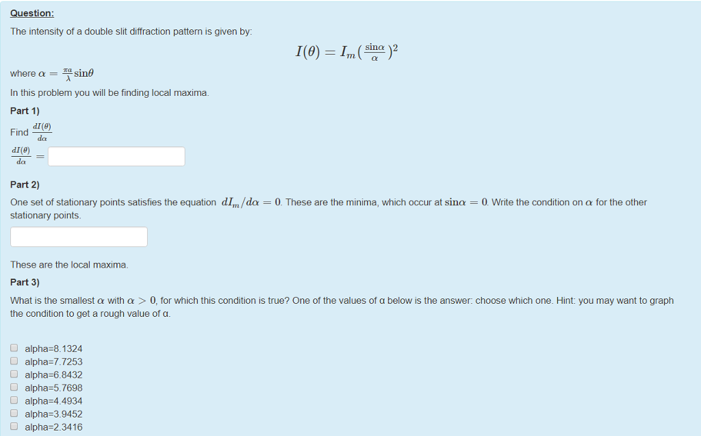 Solved Question The intensity of a double slit diffraction | Chegg.com