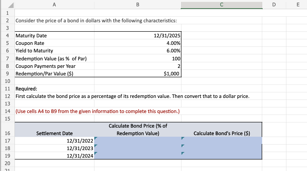Solved Please provide the excel formulas. For the