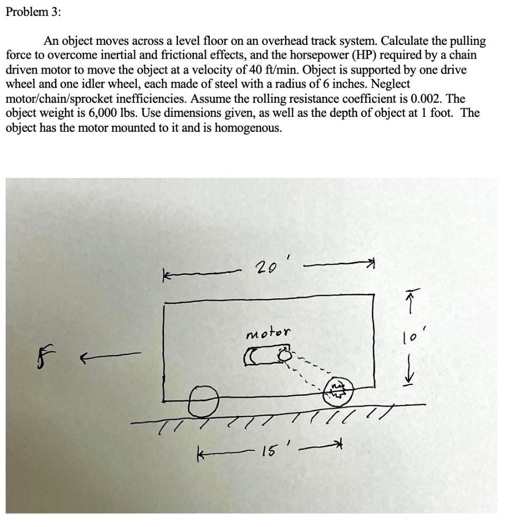 An object moves across a level floor on an overhead track system. Calculate the pulling force to overcome inertial and fricti