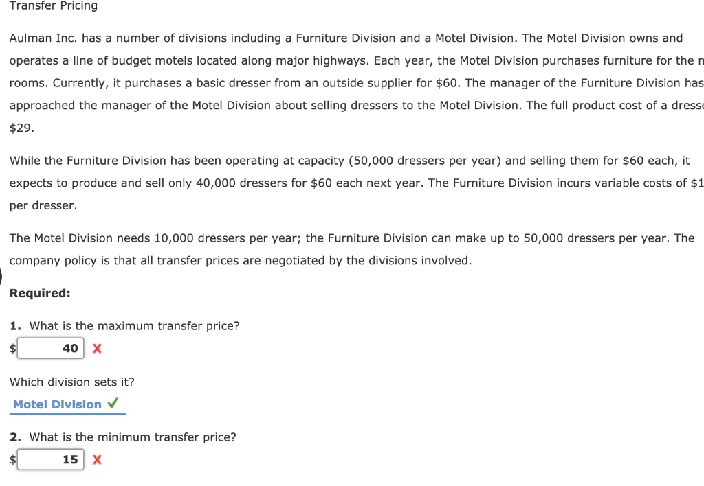 Transfer Pricing Aulman Inc. has a number of