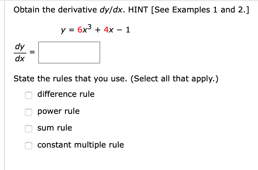 Solved Obtain the derivative dy/dx. HINT [See Examples 1 and | Chegg.com