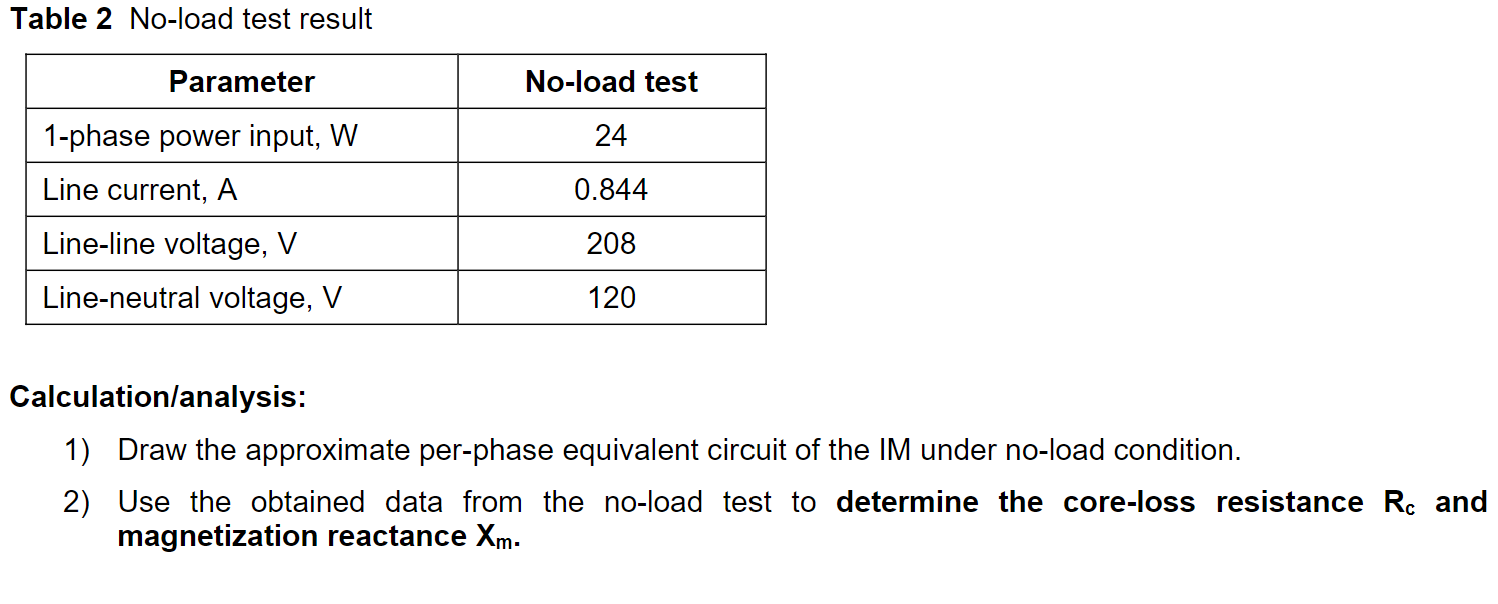 Solved Table 2 No-load Test Result Calculation/analysis: 1) | Chegg.com