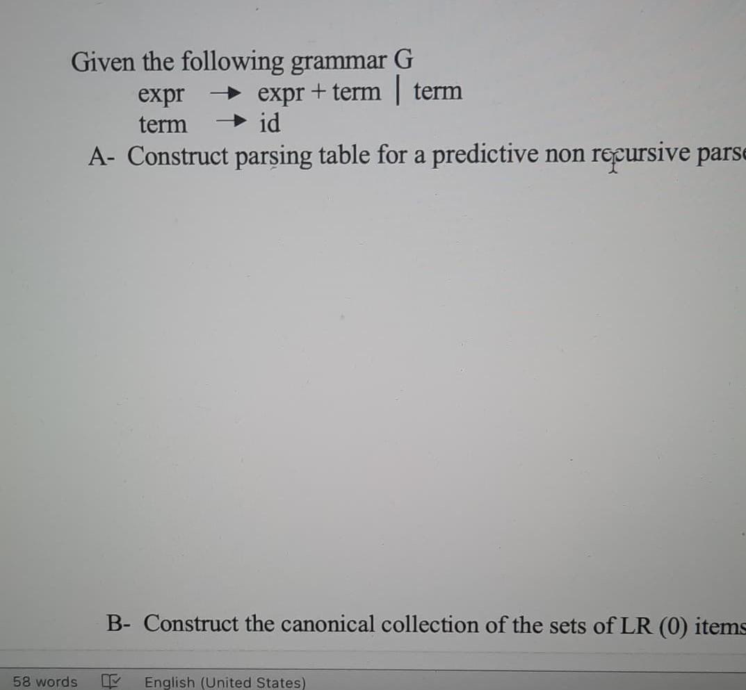 Solved Given The Following Grammar G Expr Expr + Term | Term | Chegg.com