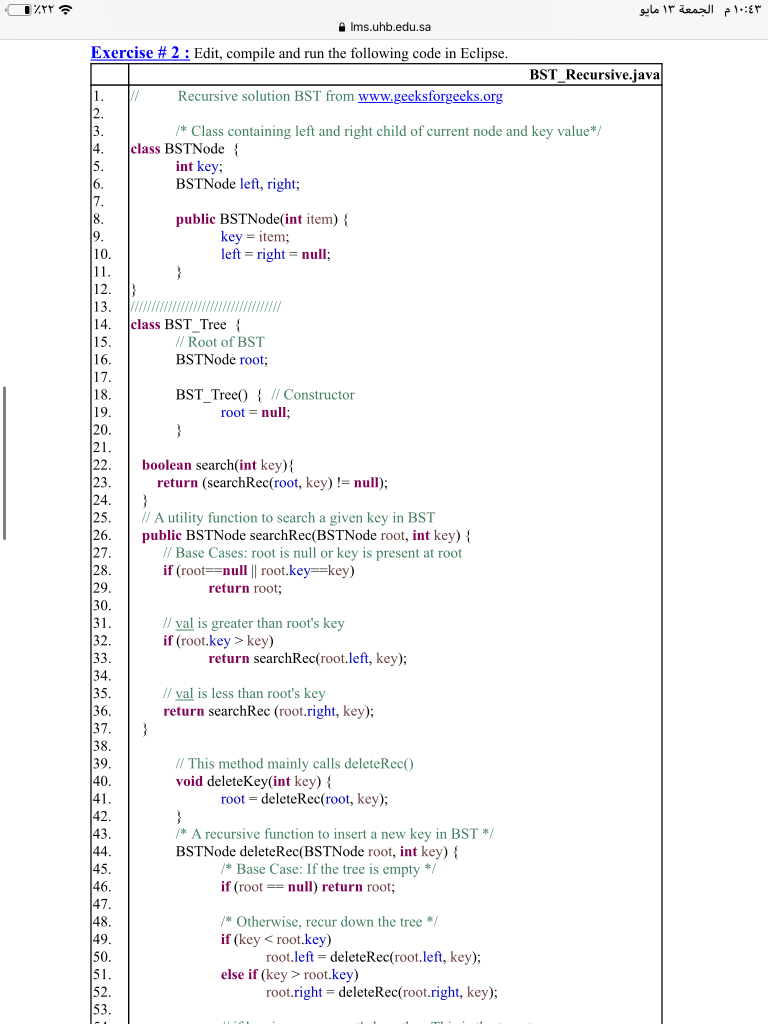 Solved Modify BST_Recursive.java of Lab-10:Exercise#2 to | Chegg.com