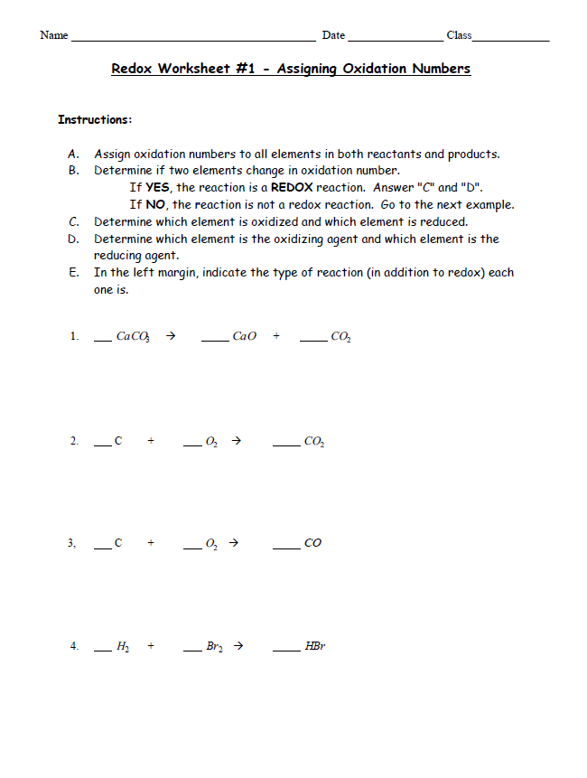 Solved Name Date Class Redox Worksheet 1 Assigning