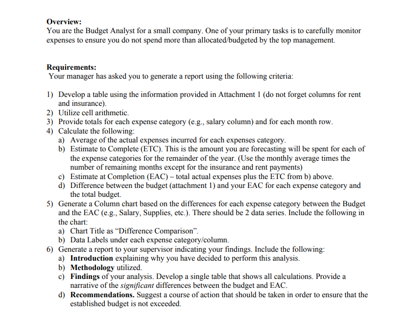 Solved Overview: You are the Budget Analyst for a small | Chegg.com