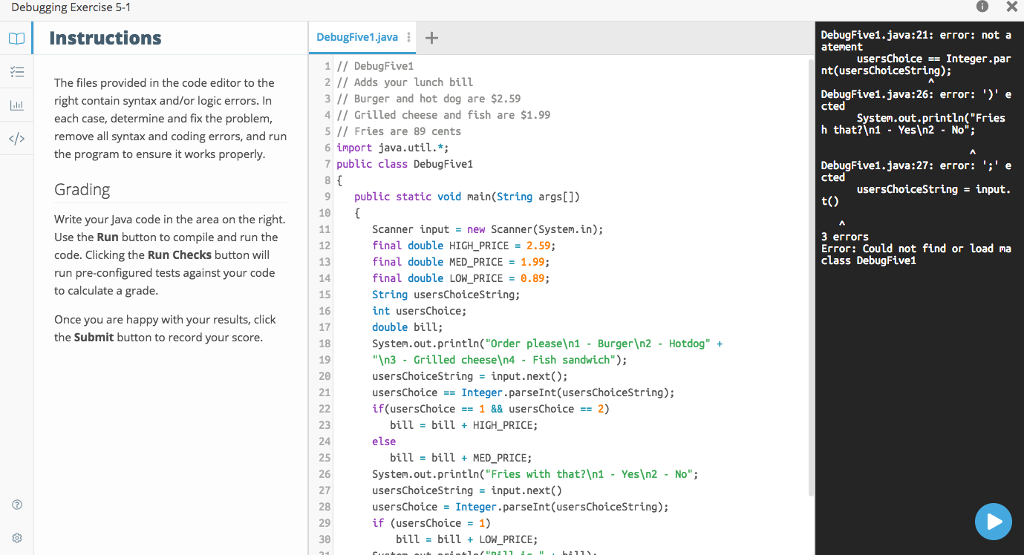 Solved Debugging Exercise 5-1 Instructions DebugFive1 java+ | Chegg.com