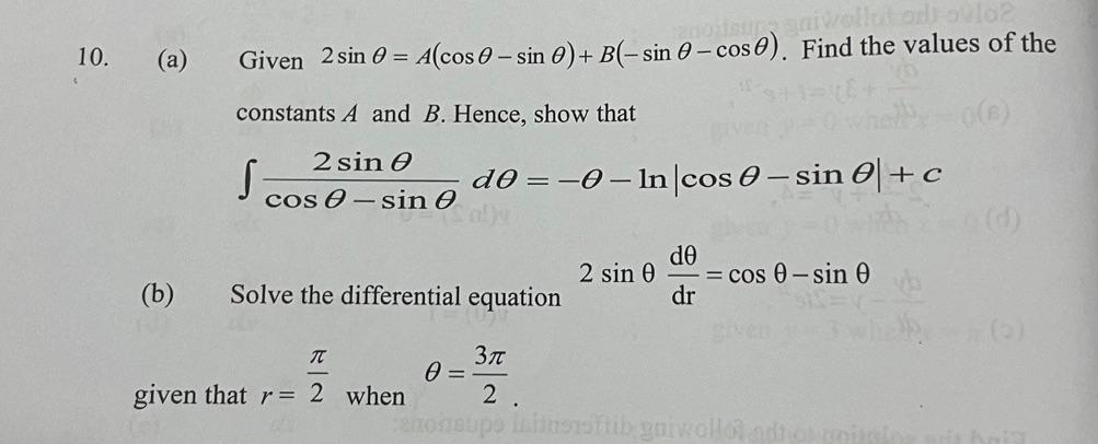 Solved (a) Given 2sinθ=A(cosθ−sinθ)+B(−sinθ−cosθ). Find the | Chegg.com
