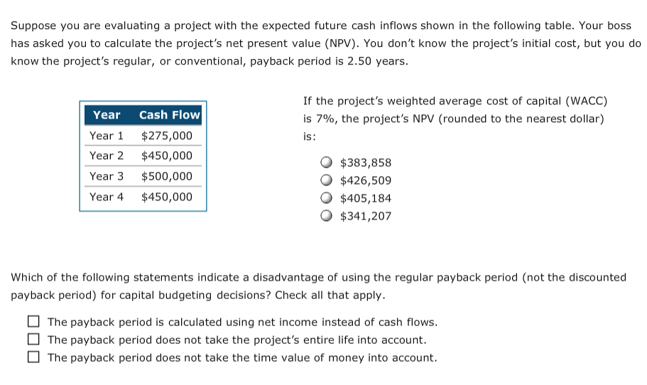 If The Project S Weighted Average Cost Of Capital Wacc Is 7 What Is Its Npv