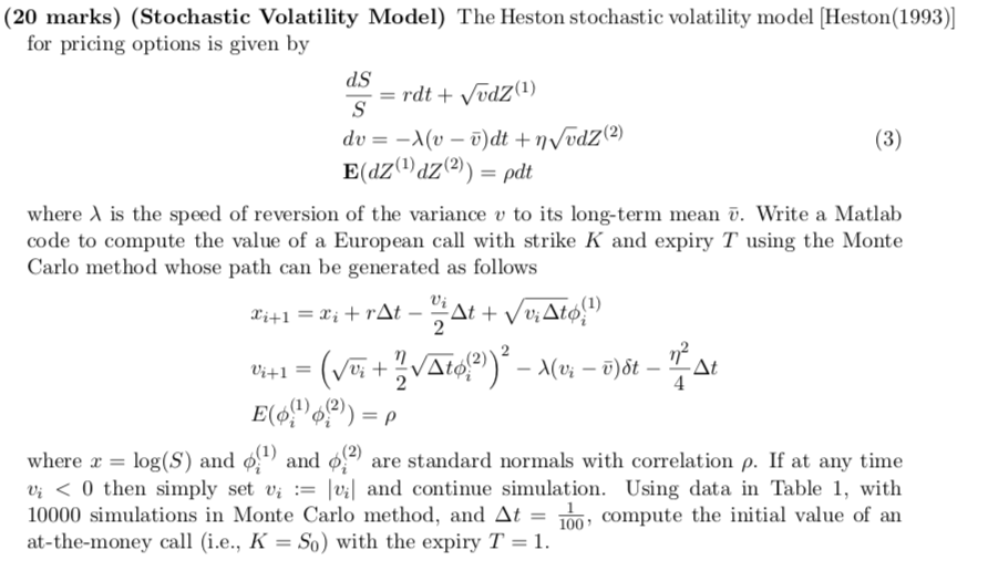 (20 marks) (Stochastic Volatility Model) The Heston | Chegg.com