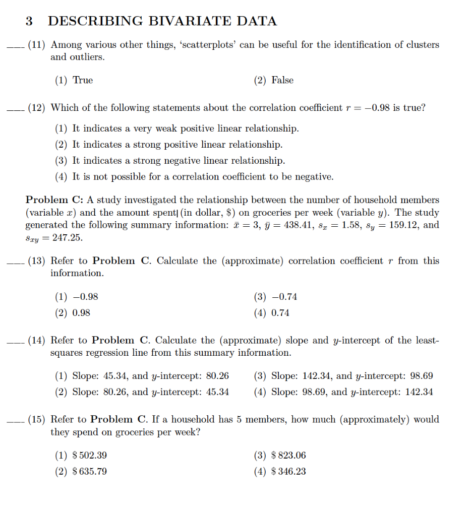 Solved 3 DESCRIBING BIVARIATE DATA (11) Among various other | Chegg.com