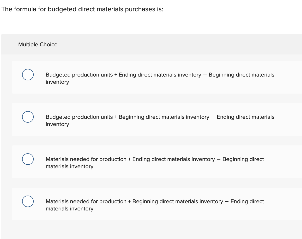 Solved The formula for budgeted direct materials purchases | Chegg.com