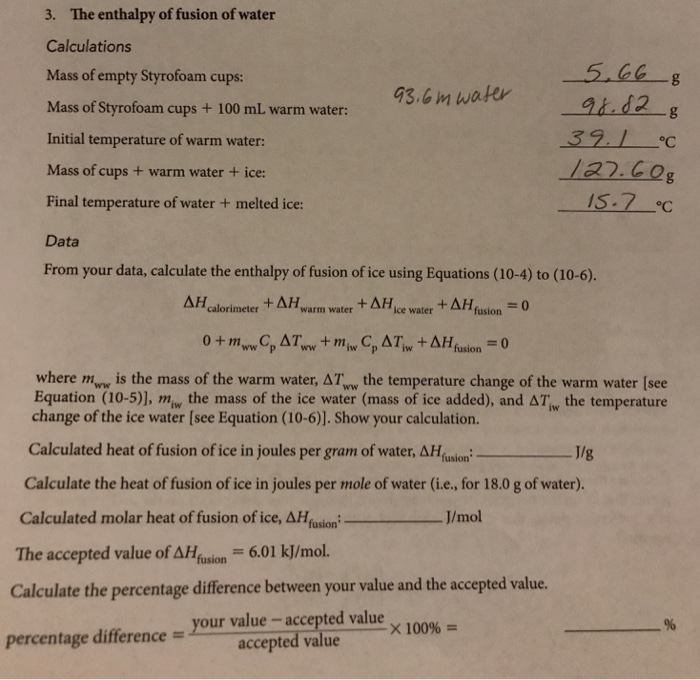 experiment 3 measuring the enthalpy of fusion of water