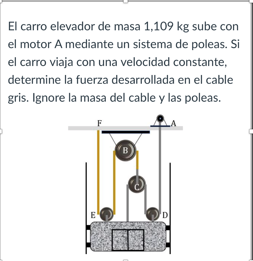 El carro elevador de masa \( 1,109 \mathrm{~kg} \) sube con el motor A mediante un sistema de poleas. Si el carro viaja con u