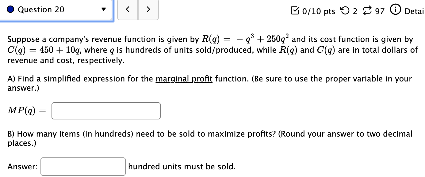 Solved For the given cost function C(x) = 78400 + 600x + x2