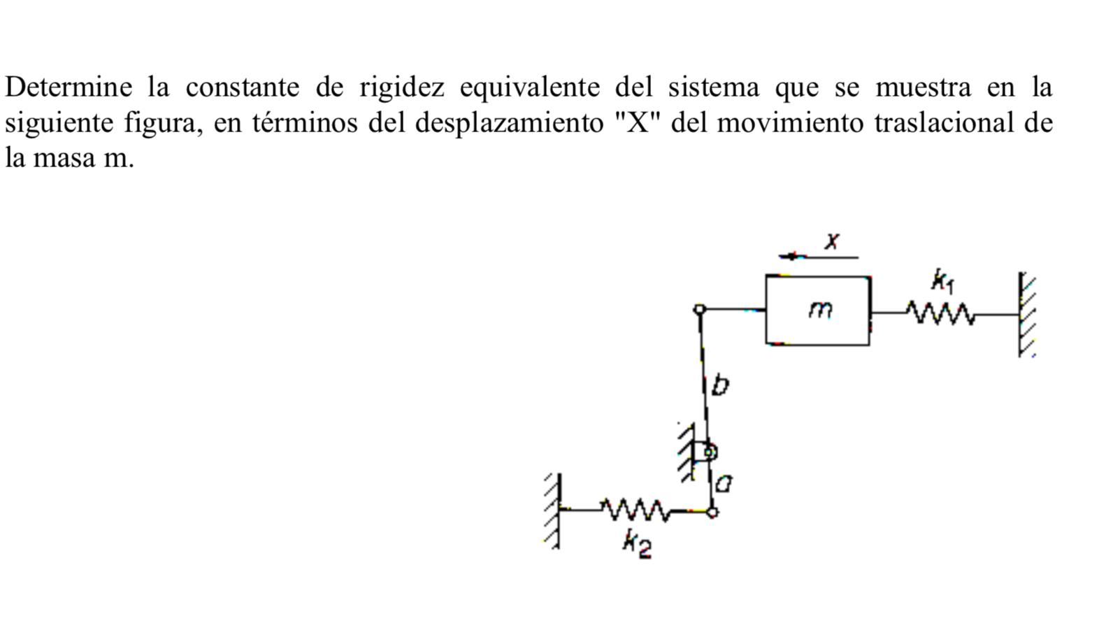 Determine la constante de rigidez equivalente del sistema que se muestra en la siguiente figura, en términos del desplazamien