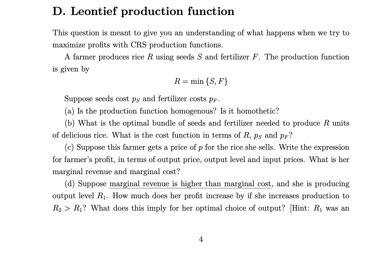 Solved D. Leontief production function This question is | Chegg.com