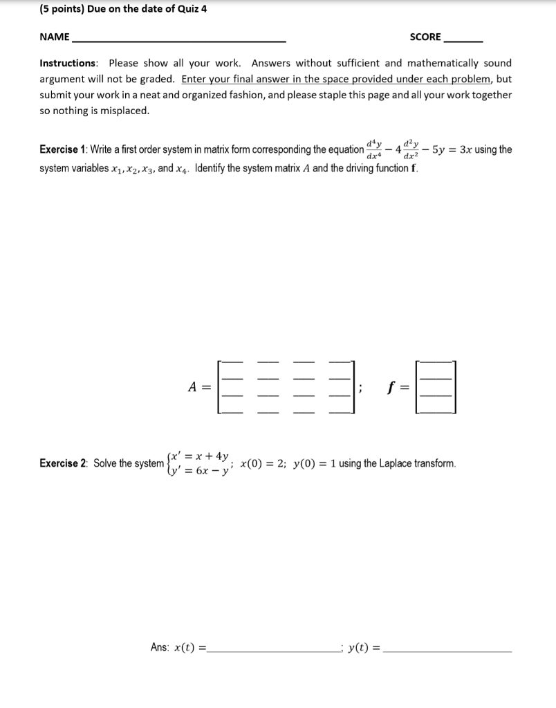 Solved Exercise 1: Write a first order system in matrix | Chegg.com