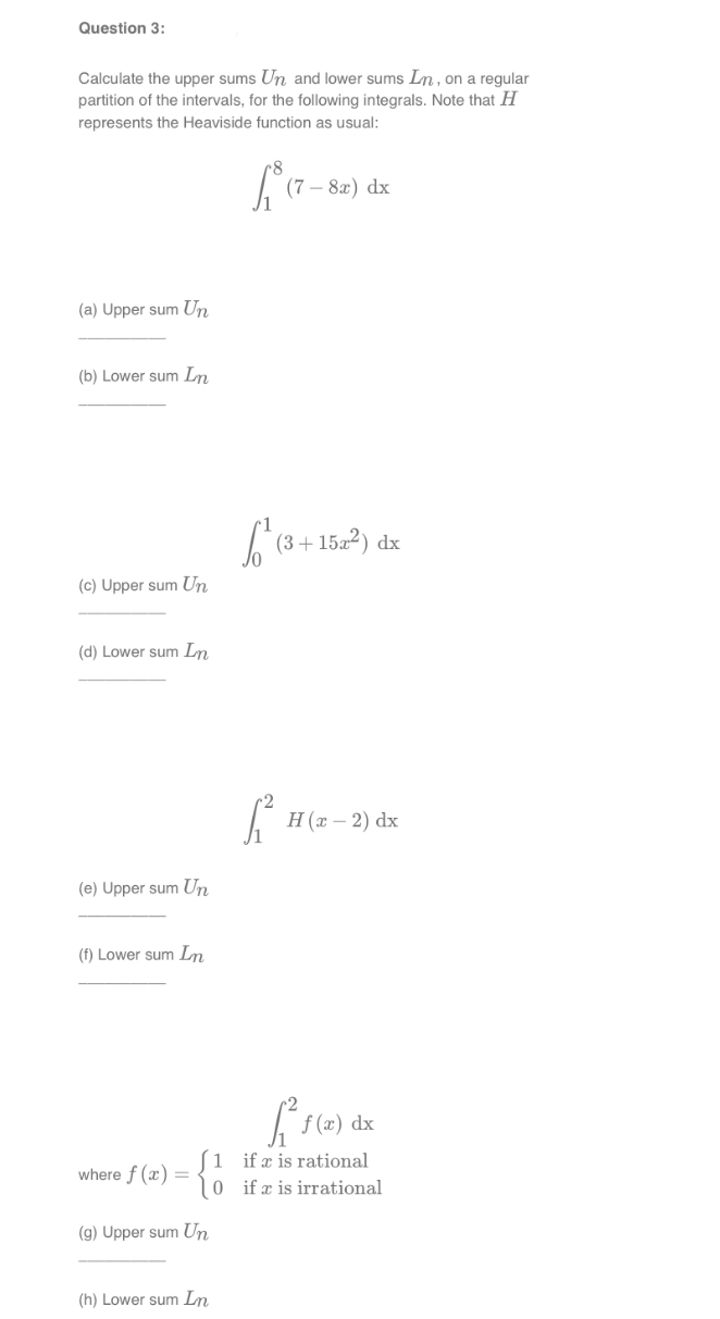 Upper Sum Examples Solved Question 3: Calculate the upper sums Un and lower | Chegg.com