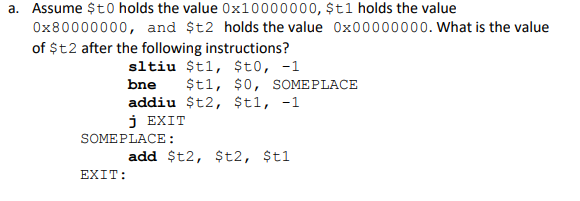 Solved a. Assume $t0 holds the value Ox10000000, $t1 holds | Chegg.com