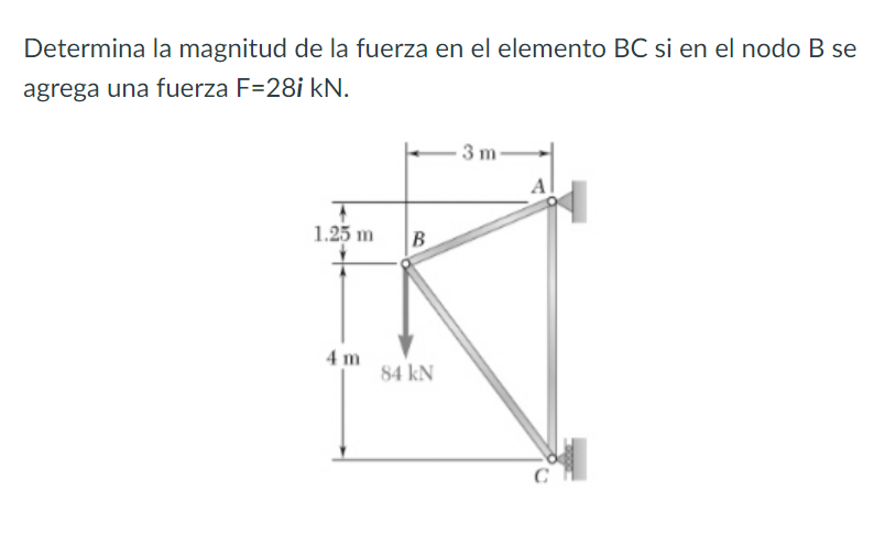 Determina la magnitud de la fuerza en el elemento \( B C \) si en el nodo \( B \) se agrega una fuerza \( \mathrm{F}=28 \math