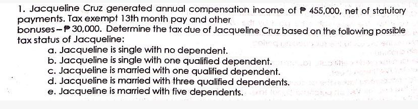 Solved 1. Jacqueline Cruz generated annual compensation | Chegg.com