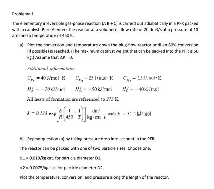 Solved Problema 1 The elementary irreversible gas-phase | Chegg.com