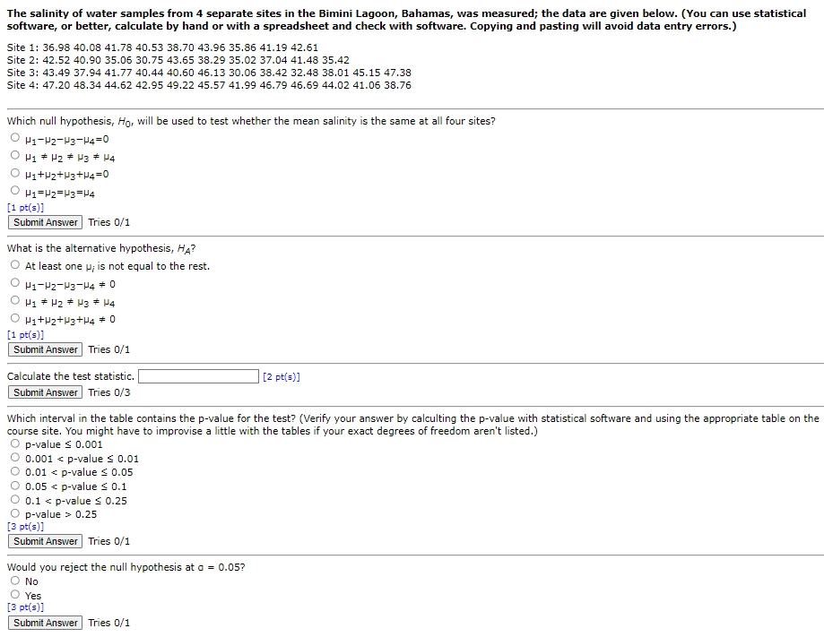 Solved The salinity of water samples from 4 separate sites | Chegg.com