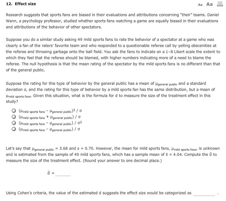Solved 12 Effect Size Research Suggests That Sports Fans Chegg Solved 12 effect size research suggests that sports fans chegg