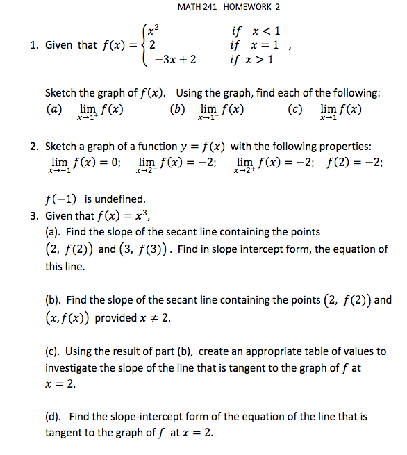 Solved MATH 241 HOMEWORK 2 (x2 1. Given that f(x) = 2 - 3x + | Chegg.com