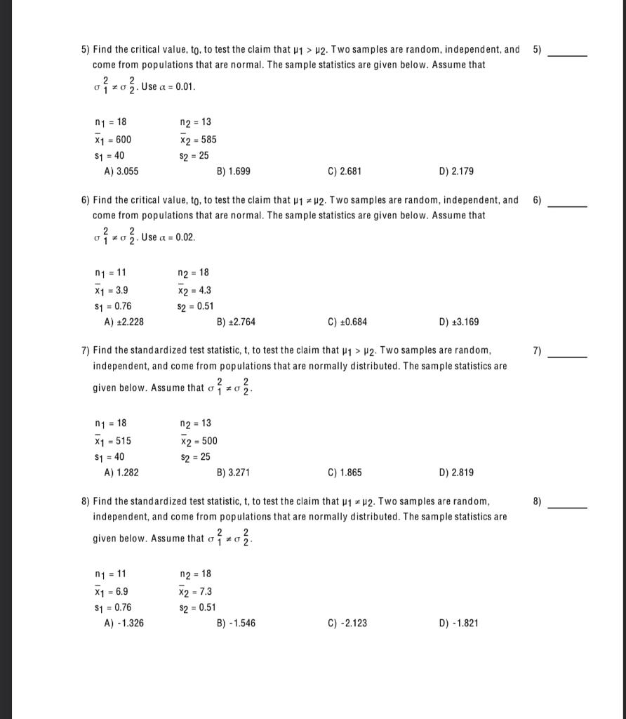 Solved 5) Find the critical value, t0, to test the claim | Chegg.com