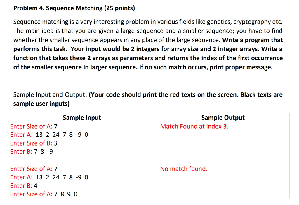 Solved Problem 4. Sequence Matching (25 points) Sequence | Chegg.com